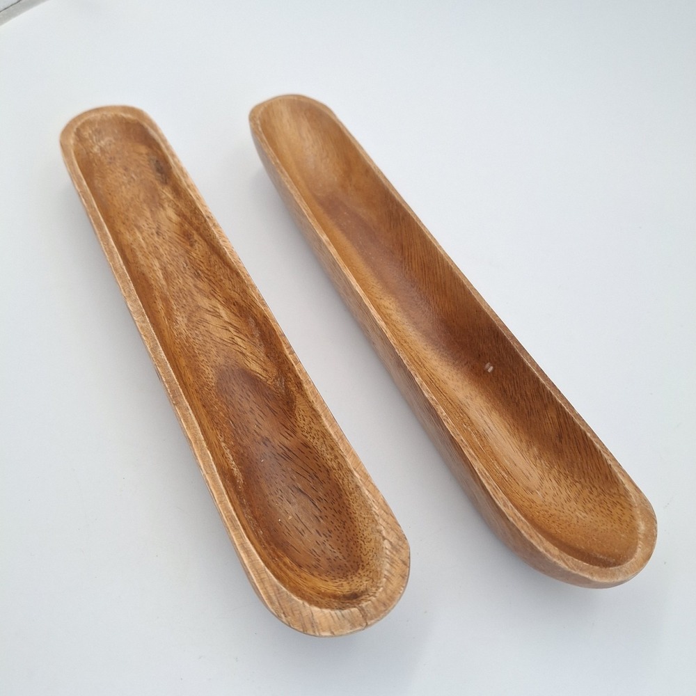 Set of 2 Vtg Monkey Pod Wood Olive Boat Trays 10" Nut Dish Mid Century Modern
